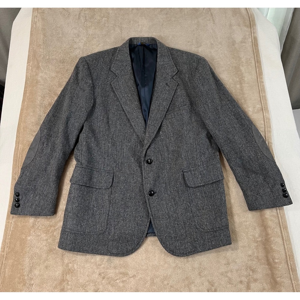 Pendleton Herringbone Wool Blazer Men's 46 Gray Elbow Patches Sport Coat Flawed